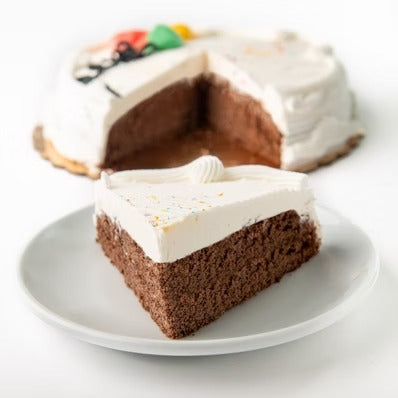 Single layer Vegan Chocolate Birthday Cake with White Icing, multi-colored Balloons and Sprinkles