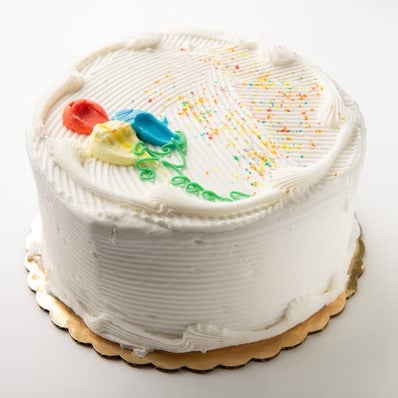 Double layer Half Chocolate and Half Vanilla Birthday Cake with White Icing, Multi-Colored Balloons and Sprinkles