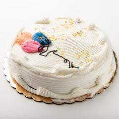 Single layer Vegan Vanilla Birthday Cake with White Icing, Multi-Colored Balloons and Sprinkles